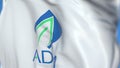 Flying flag with Archer Daniels Midland logo, close-up. Editorial 3D rendering