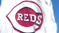 Flying flag with Cincinnati Reds team logo, close-up. Editorial 3D rendering