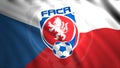 Flying flag with Czech Republic national football team logo, close up. Motion. Waving abstract blue, white, and red flag