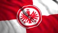 Flying flag with Eintracht Frankfurt football club logo, close up. Motion. Red and white realistic waving flag. For