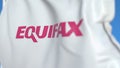 Flying flag with Equifax logo, close-up. Editorial 3D rendering