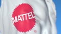Flying flag with Mattel logo, close-up. Editorial 3D rendering Royalty Free Stock Photo