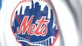 Flying flag with New York Mets team logo, close-up. Editorial loopable 3D animation