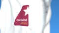 Flying flag with Nordwind Airlines logo, close-up. Editorial 3D rendering