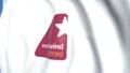 Flying flag with Nordwind Airlines logo, close-up. Editorial loopable 3D animation