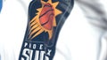 Flying flag with Phoenix Suns team logo, close-up. Editorial 3D rendering