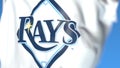 Flying flag with Tampa Bay Rays team logo, close-up. Editorial 3D rendering