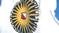 Flying flag with University of Utrecht emblem, close-up. Editorial 3D rendering Royalty Free Stock Photo
