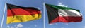 Flying flags of Germany and Kuwait on high flagpoles. 3d rendering