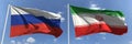 Flying flags of Russia and Iran on high flagpoles. 3d rendering