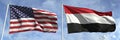 Flying flags of the USA and Yemen on sky background, 3d rendering