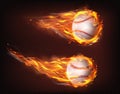 Firing, flying engulfed in flames baseball balls 3d realistic vector illustration isolated on transparent background Royalty Free Stock Photo