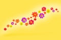 Flying flowers on yellow color background, levitation and falling various dahlia single flower heads Royalty Free Stock Photo
