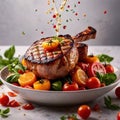 Flying food photography with pork chops