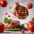 Flying food photography with pork chops