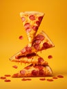 Flying food. Pizza slices with cheese and sausages in levitation on yellow background. AI generative