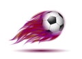 Flying football on fire. Soccer ball with bright flame purple colors trail. Royalty Free Stock Photo