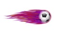 Flying football on fire. Soccer ball with bright flame purple colors trail. Royalty Free Stock Photo