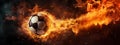 Flying football or soccer ball on fire. Isolated on black background Royalty Free Stock Photo