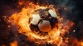 Flying football or soccer ball on fire. Isolated on black background Royalty Free Stock Photo