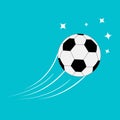 Flying football soccer ball with motion trails and stars. Blue background. Flat design style. Royalty Free Stock Photo