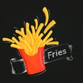 Flying french fries with outline and ribbon drawn with chalk on a blackboard.