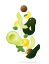 Flying fresh avocados and spices concept , healthy food background