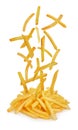 Flying fried potatoes on white background. French fries. Fast food .