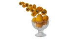 Flying fruit apricots isolated on a white background. juicy fruit falls into a glass bowl. selective focus