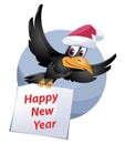 Flying funny crow in Santa`s hat carries Happy New Year card.
