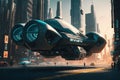 flying futuristic cyberpunk car in the big city