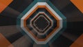 Flying through geometric hypnotic tunnel with black, brown, orange stripes, seamless loop. Animation. Beautiful rotating