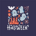 Flying ghost spirit greeting card. Happy Halloween square banner. Scary white ghosts. Cute cartoon spooky character. Dark