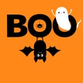 Flying ghost spirit. Hanging bat. Boo text with spider. Happy Halloween. Cute cartoon white scary spooky character set. Smiling Royalty Free Stock Photo