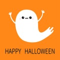 Flying ghost spirit. Happy Halloween. Scary white ghosts. Cute cartoon boo spooky character. Smiling face, frightening scaring han