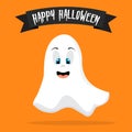 Flying ghost spirit. Happy Halloween. Scary white ghosts. Cute cartoon spooky character. Orange background. Greeting card. Flat de Royalty Free Stock Photo