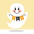 Flying ghost spirit holding bunting flag Boo. Happy Halloween. Scary white ghosts. Cute cartoon spooky character Royalty Free Stock Photo