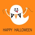 Flying ghost spirit holding bunting flag Boo. Happy Halloween. Scary white ghosts. Cute cartoon spooky character. Smiling face, ha Royalty Free Stock Photo