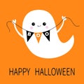 Flying ghost spirit holding bunting flag Boo. Happy Halloween. Scary white ghosts. Cute cartoon spooky character. Smiling face, ha Royalty Free Stock Photo