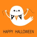 Flying ghost spirit holding bunting flag Boo. Happy Halloween. Scary white ghosts. Cute cartoon spooky character. Smiling face, ha Royalty Free Stock Photo