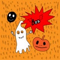 Flying ghost spirit holding bunting flag Boo. Happy Halloween. Scary white ghosts. Cute cartoon spooky character. Smiling face, ha Royalty Free Stock Photo