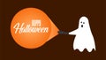 Flying ghost spirit holding bunting flag Boo. Happy Halloween. Scary white ghosts. Cute cartoon spooky character Royalty Free Stock Photo