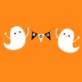 Flying ghost spirit holding bunting flag Boo. Happy Halloween. Two scary white ghosts. Cute cartoon spooky character. Smiling face Royalty Free Stock Photo