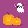 Flying ghost spirit holding bunting flag Boo. Two pumpkin set. Happy Halloween. Scary white ghosts. Cute cartoon spooky character Royalty Free Stock Photo
