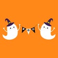 Flying ghost spirit holding bunting flag Boo. Witch hat. Happy Halloween. Two scary white ghosts. Cute cartoon spooky character. S Royalty Free Stock Photo