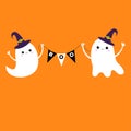 Flying ghost spirit holding bunting flag Boo. Witch hat. Two scary white ghosts. Cute cartoon spooky character. Smiling face, hand Royalty Free Stock Photo