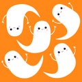 Flying ghost spirit set. Happy Halloween. Five scary white ghosts. Cute cartoon spooky character. Smiling Sad face, frightening sc Royalty Free Stock Photo