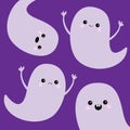 Flying ghost spirit set. Happy Halloween. Four scary white ghosts. Cute cartoon spooky character. Smiling Sad face, frightening sc Royalty Free Stock Photo