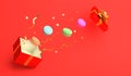 Flying gift box, moon cake, confetti on red background.