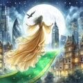 Flying girl on a green magic carpet above London\'s iconic buildings